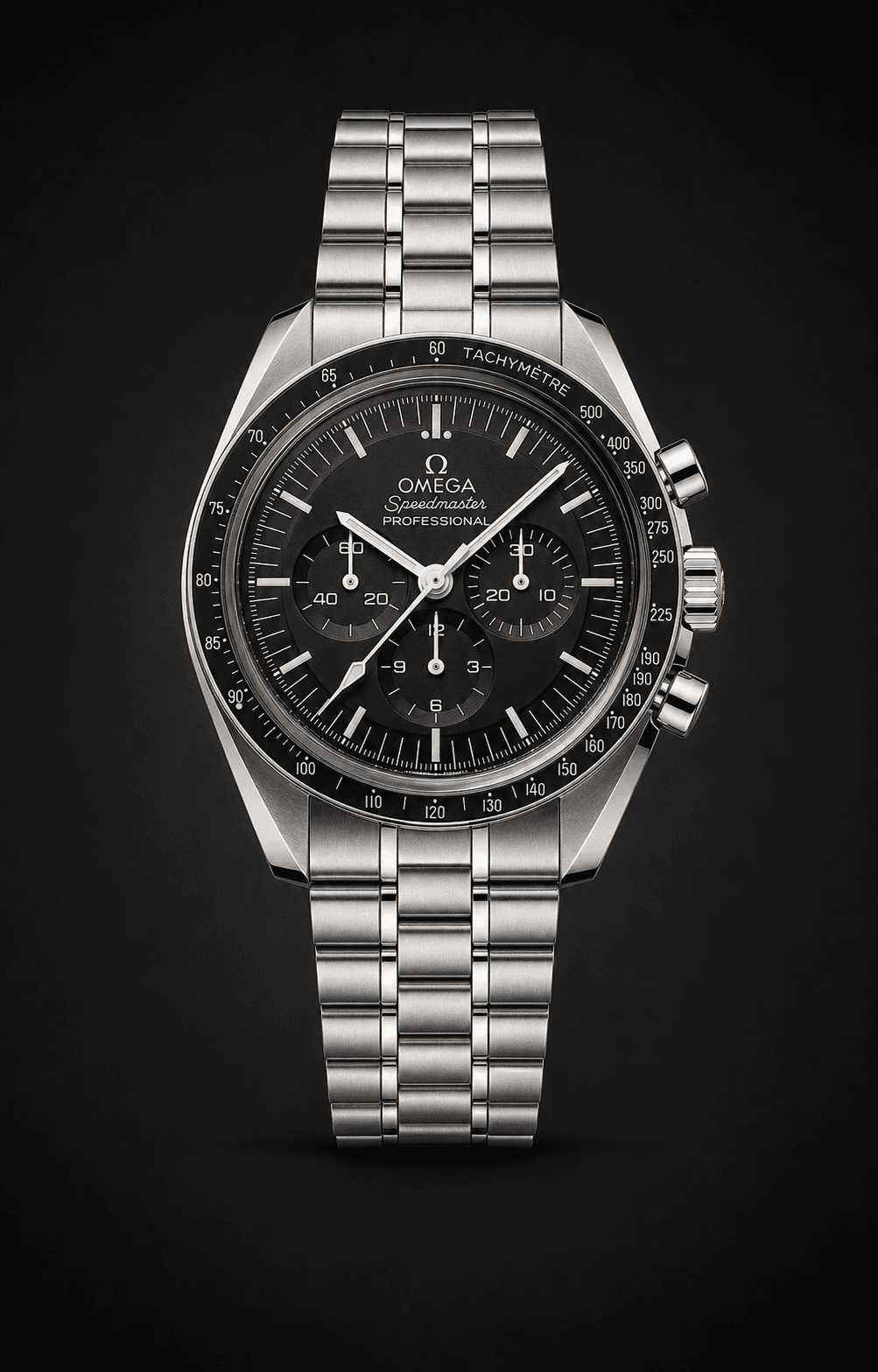 Omega Speedmaster Professional reference 310.30.42.50.01.002 on an obsidian studio background